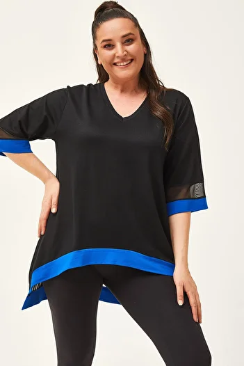 Ebsumu Women's Plus Size Blue-Black Blouse with Tulle Detail on Sleeves and Skirts