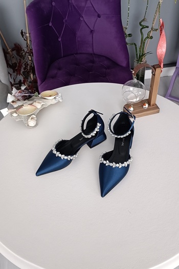 LA CALZATURE Navy Blue Satin Women's Wedding Dress - 2.5 cm Heel, Ankle Belt, Double Waterway Stoned Ballerinas
