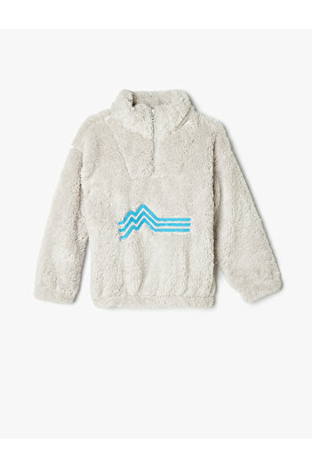 Koton Stand Collar and Embroidered Plush Sweat - Half Zipper