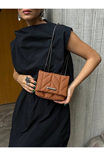 Mojeva Iren Tan Quilted Detail Chain Women's Hand and Shoulder Bag