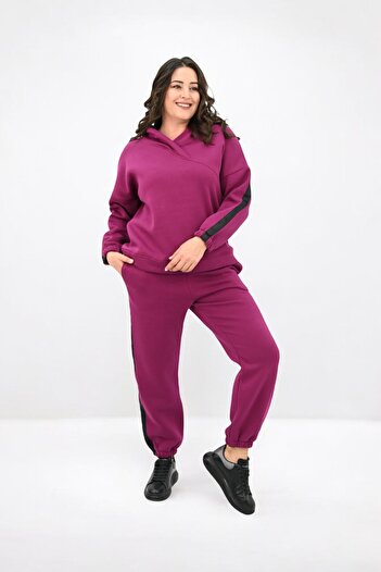 Koza Butik Women's Large Size Side Stripe Detailed Hooded Tracksuit Set 8151-25