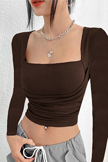 World Fashion Trends Kare Yaka Büzgü Detaylı Uzun Kollu Esnek Crop Bluz