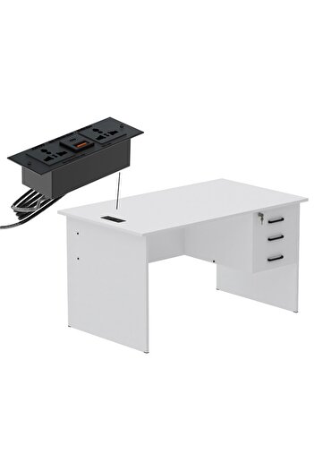 Mahmayi Writing Table With Hanging Pedestal Attached Desktop Socket With USB AC Port - White