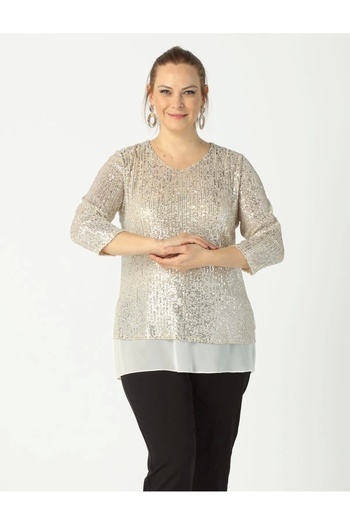 Moda Berray 28034 Sequin Plus Size Blouse Beige