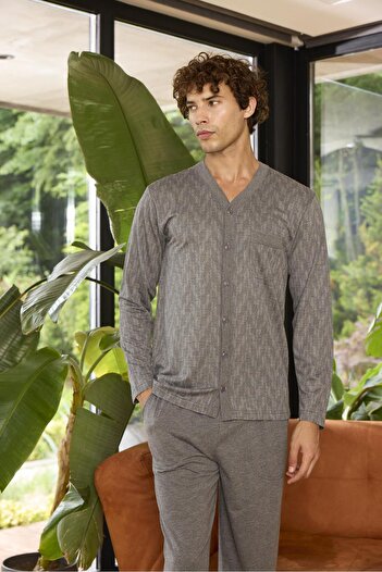 KLY Men's Long Sleeve V-Neck Front Buttoned Anthracite Pajama Set C2T5N2O9