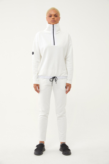 bilcee Women's White Straight Leg, Stand Collar Half Zipper Sweatshirt Set 1632