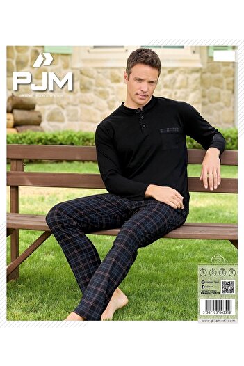 Pijaman Pijamoni Erkek Uzun Kol Göğüs Cepli Pamuklu Pijama Takım Lacivert