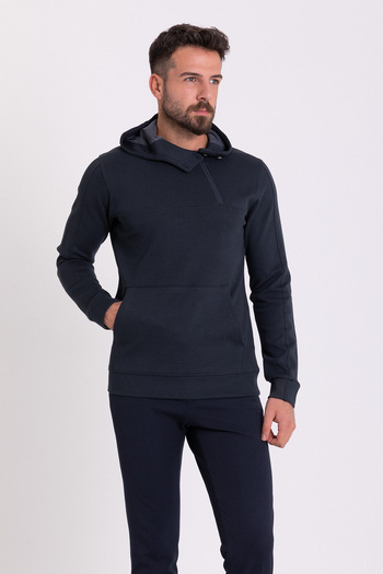 Mcr Zipper Detailed Navy Blue Slim Fit Hooded Men's Sweatshirt