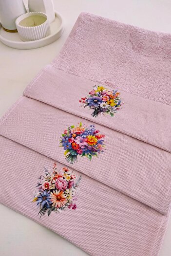 Sevim Σετ πετσετών μπαμπού 3 τεμαχίων - Floral printed, ροζ, εξαιρετικά μαλακό και 30x50 cm