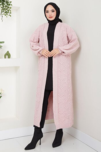 hafsamina Ροζ μακριά πλεκτή ζακέτα - Cherry Pattern HM2334