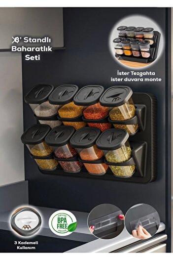 Home Henna 8Pcs 360 °   Swivel Spice Rack Stand - Adhesive Wall and Countertop Black