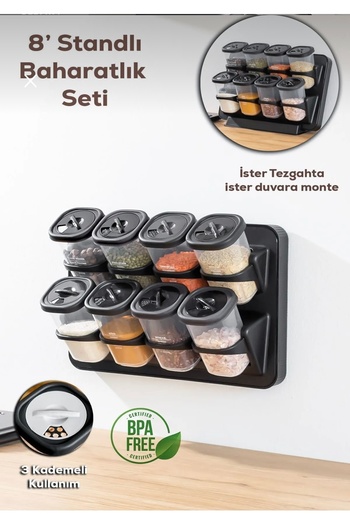 Home Henna 8Pcs 360 °   Swivel Spice Rack Stand - Adhesive Wall and Countertop Black