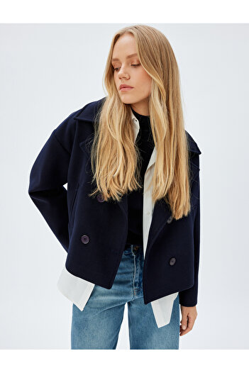 Koton Double Breasted Crop Stamp Coat - Buttoned Pocket