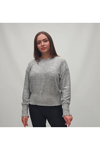 Blue Petrol Women's Crew Neck Waist and Sleeves Rubber Detailed Blouse-Sweater
