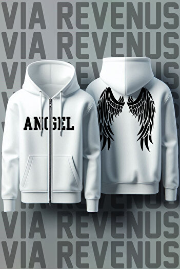Vordevia Dark Angel εμπρός και πίσω με στάμπα Unisex με φερμουάρ και κουκούλα λευκή ζακέτα