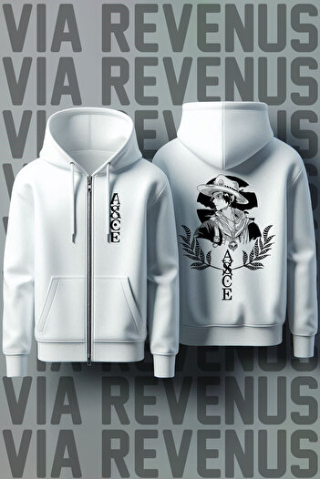 Vordevia One Piece εμπρός και πίσω με στάμπα Unisex με φερμουάρ και κουκούλα λευκή ζακέτα