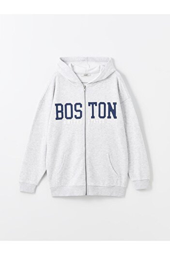 LC Waikiki Xside Hooded Printed Long Sleeve Oversize Women's Zip-Up Sweatshirt