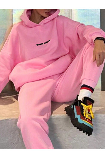 Cool Art I Dont Care Sweatshirt Eşofman Altı Jogger - Pembe Baskılı Eşofman Takımı Kapüşonlu