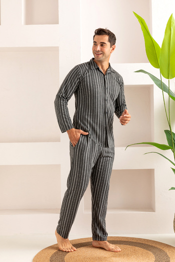 nisaNCa Men's Jacquard Buttoned Cotton Pajama Set - Striped Men's Pajamas