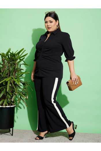 Sassafras By Styli Plus Ruched Front Shirt & Flared Pants Co-Ords