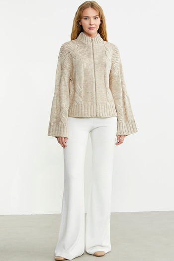 Sementa Beige Color Stand Collar and Loose Sleeve Wool Knitwear Cardigan