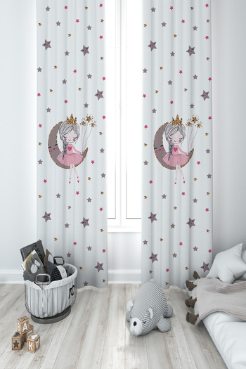MEKTA HOME BABY AND KIDS ROOM Princess Girl Sitting on the Moon Patterned 2 Wing Background Curtain