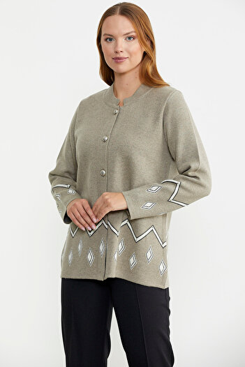Sementa Dark Beige Wool Knitwear Jacket - Pearl Detailed