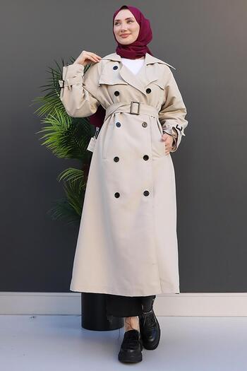 GİYZAMİLA Buttoned Double Breasted Trench Stone