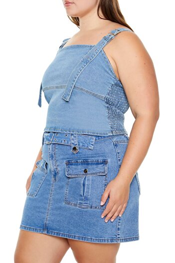 Forever 21 Plus Size Tokalı Denim Bluz