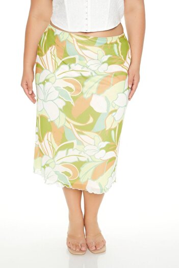 Forever 21 Plus Size Tropikal Desenli Midi Etek
