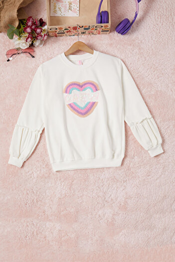 Cansın Mini Ecru Colored Heart Patterned Sequined Girl's Sweatshirt 16692