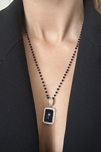 New Obsessions Zircon Stone North Star Plate Pendant Black Bead Detailed Chain Women's Necklace