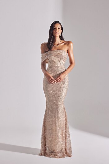 BETTY & SAM Aster Glittered Off Shoulder Fish Skirt Evening Dress
