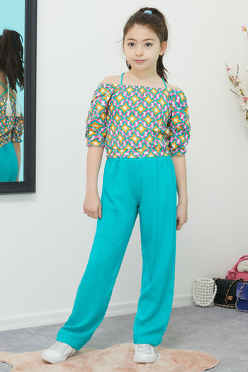 Cansın Mini Girls'Set with Turquoise Patterned Blouse and Trousers 15389