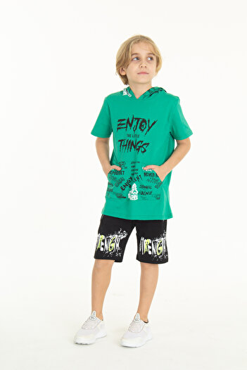 Cansın Mini Boy's Enjoy Printed Hooded Shorts Set 14048