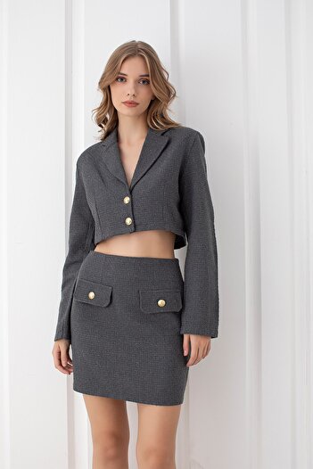 Stilsi Women's Gray Double-Breasted Short Jacket High Waist Pocket Detailed Tweed Fabric Suit