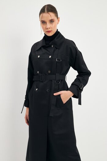 Zühre Black Trench Coat with Belted Sleeve Detail 13538