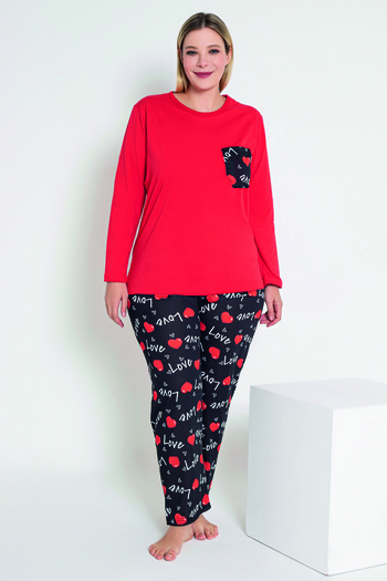 MyBen Red Love and Heart Printed Long Sleeve Women's Pajamas Set - B-43