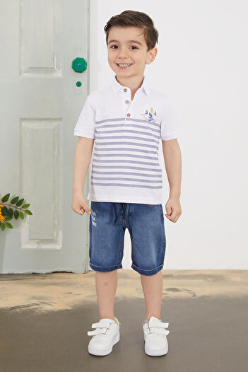 Cansın Mini White Striped Polo Collar T-Shirt with Jean Shorts Boy's Set 18748