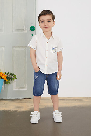Cansın Mini White Written Short Sleeve Shirted Jean Shorts Boy's Set 18762