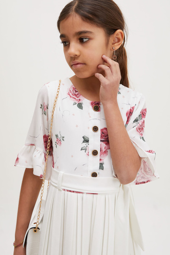 Cansın Mini Ecru Rose Patterned Short Sleeve Bag Girl's Pleated Dress 18194