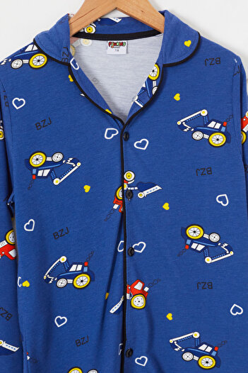Cansın Mini Boy's Pajama Set 18670 - Navy Blue, Car Printed, Buttoned