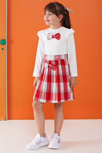 Cansın Mini Red Plaid Skirt with Bow and Badge Girl's Dress Set 5-9 Years 17735