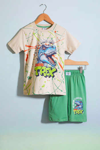 Cansın Mini Green T-rex Printed Written Boys' Shorts Set 18708