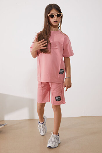 Cansın Mini Oversize Pink Girl's Shorts Set - T-Shirt, Striped 18904