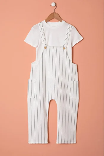 Cansın Mini Ecru Striped White T-Shirt Children's Overalls Set 18403