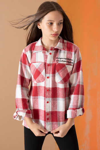 Cansın Mini Red Plaid Patterned Girl's Lumberjack Shirt with Pockets 19681