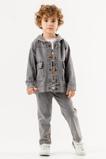 Cansın Mini Boy's Text Printed T-Shirt Hooded Jacket Smoked Jean Set 17720