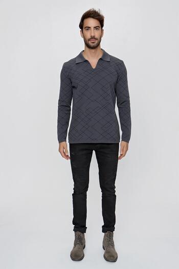 CHUBA Men's Polo Collar Patterned Knitwear Sweater Anthracite - Black 23w204