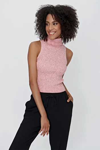 CHUBA Women's Turtleneck Ribbed Sleeveless Melange Knitwear Sweater Pink 23w315